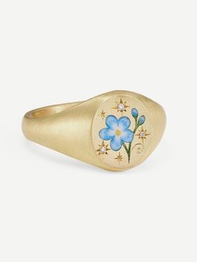 18K Gold Plated Stainless Steel Floral Signet Ring Blue Flower Vintage Size 6.5